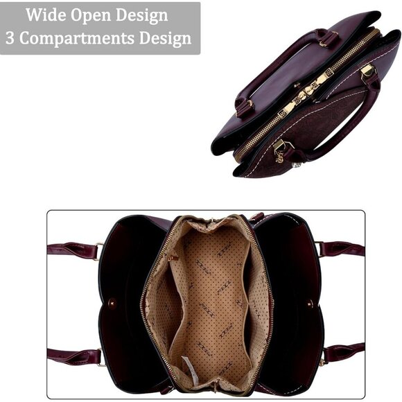 Women’s Wine Triple Compartment Satchel Fashion Top Handle Shoulder Bag - Picture 6 of 6